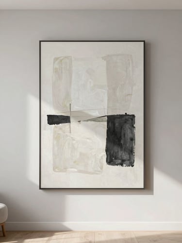 Bright modern living room with a large minimalist abstract painting on the wall, soft natural daylight, neutral warm gray styling, 35mm lens