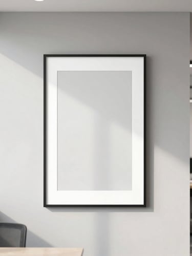 Bright modern office interior, a large minimalist framed art print on a neutral gray wall, soft natural daylight, crisp details, 35mm lens
