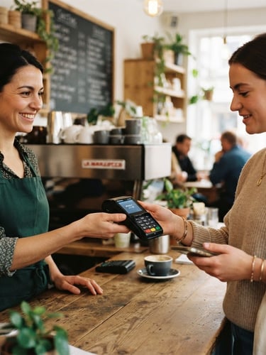Close-up of a local cafe owner handing a card terminal to a customer, warm natural shop lighting, realistic 35mm documentary style.
