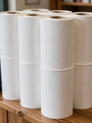 Stack of white thermal till rolls on a wooden counter next to a card machine, natural light, local shop environment