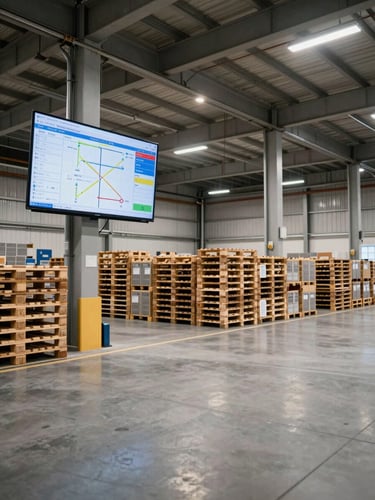 Close wide-angle view of a large warehouse floor interior, organised pallet rows under high-bay ceiling lights, a logistics management screen mounted on a pillar showing route data, neutral studio-quality lighting, sharp focus on the operational detail, no people