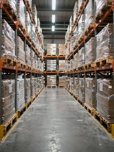 Wide interior of a large distribution warehouse, floor-level perspective showing organised pallet rows receding into depth, neutral fluorescent lighting, sharp focus on logistics labels and racking structure, no staff present