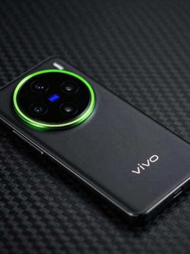 Moody close-up of a sleek black Vivo X200 Ultra smartphone resting on a dark carbon fiber surface, vibrant green neon rim light accenting the camera ring, sharp macro details, 50mm lens