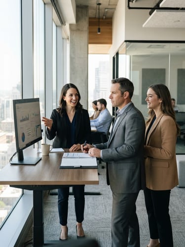 A professional, candid interaction in a clean, modern office setting with bright natural window light, sophisticated corporate tones, sharp focus