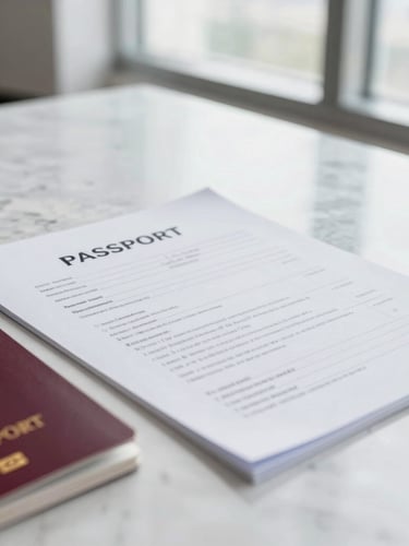 Close-up of organized documents and passports on a clean marble desk, bright natural window light, sophisticated corporate tones