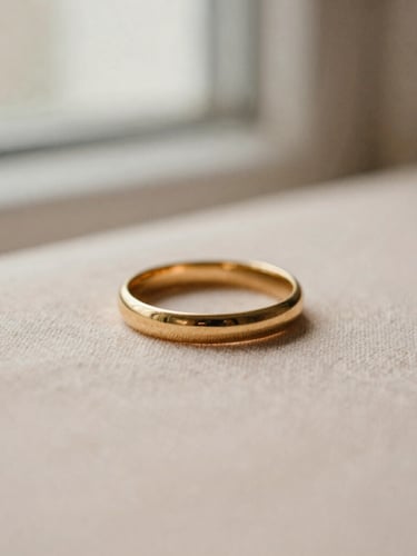 Macro detail of a warm gold ring gently resting on soft linen under diffused window light, muted blush-beige tones, shallow depth of field, 35mm film.