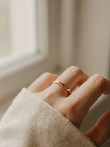 Close-up of a delicate gold ring on a finger resting gently on soft cream linen, warm diffused afternoon window light, 35mm film