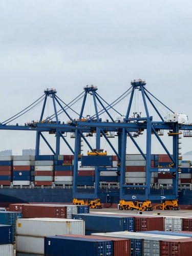 Wide shot of container port at cool overcast daylight, cargo vessels, stacked shipping containers, industrial cranes, wide-angle lens, sharp details, a single container being loaded, portrait orientation