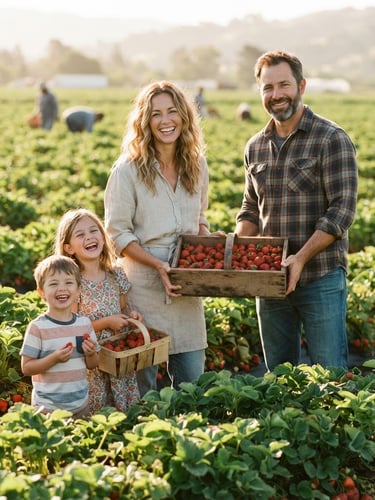 A bright environmental portrait of a family standing in a sun-drenched strawberry field, holding wooden crates of freshly harvested berries, warm morning light, shallow depth of field, 35mm