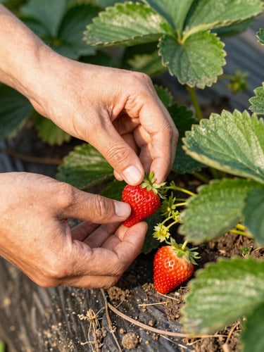 Close-up of weathered hands gently picking bright red strawberries from the vine, vibrant green leaves, rich dark soil, warm morning golden-hour light, shallow depth of field, 35mm