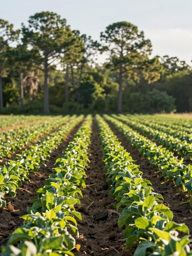 A sunny Florida field with neat rows of crops stretching toward a line of pine trees under crisp morning light, 35mm