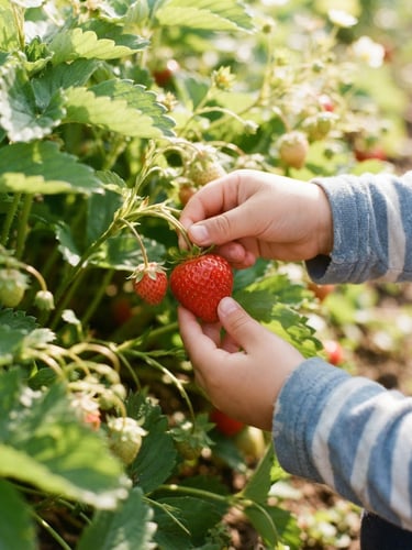 Close-up of a child's hands carefully picking a bright red, sun-dappled strawberry from a lush green vine, warm editorial photography, bright natural morning light, vibrant natural colors, shallow depth of field, 35mm