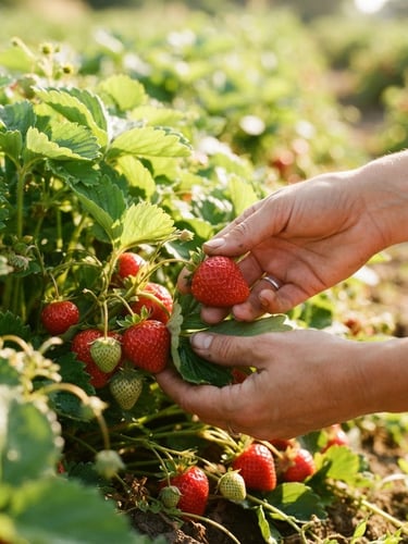 Close-up of hands picking bright red strawberries under warm morning sunlight, vibrant green leaves, shallow depth of field, 35mm