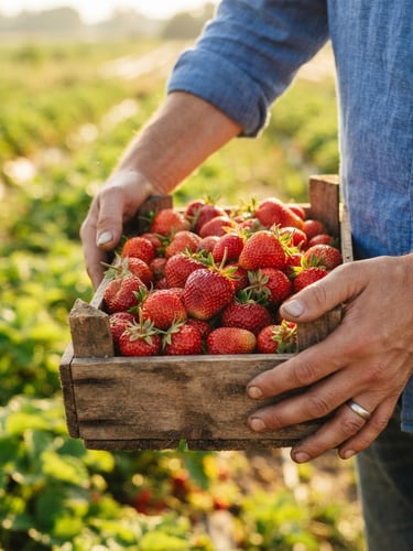 Close-up of hands holding a wooden crate of freshly picked bright red strawberries in a sun-drenched field, warm morning light, shallow depth of field, 35mm