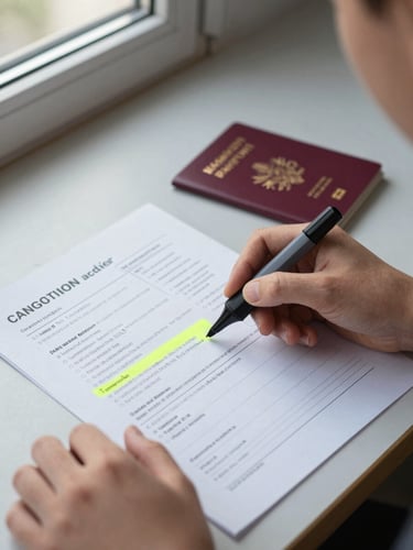 Close-up environmental shot of a student's hands on a desk reviewing a printed visa application checklist alongside a passport, a highlighter marking specific lines, cool north-facing window light, sharp institutional focus, documents clearly in use not posed