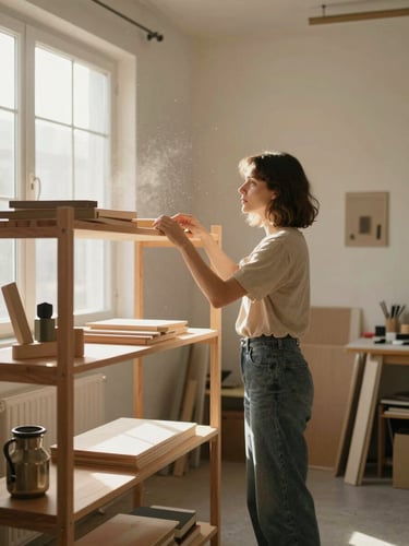 Wide environmental shot of a home photography studio, a woman arranging a wooden prop shelf, afternoon light from a side window catching dust motes, warm tones throughout, candid and unposed