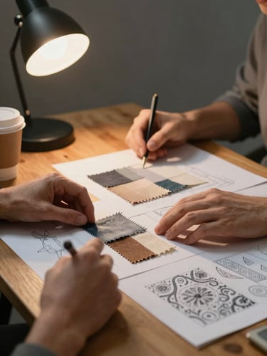 Close detail of two people's hands over a wooden table covered in fabric swatches and pattern sketches, warm studio lamp light from the left, coffee cup at the edge of frame, mid-conversation candid