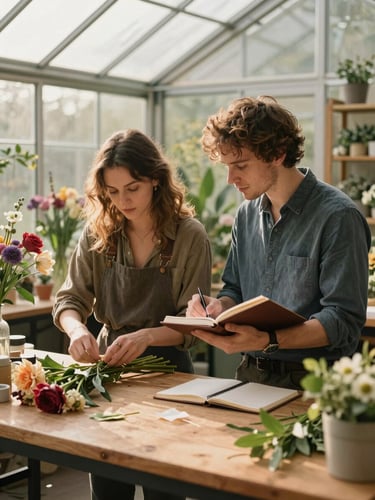 Portrait of a couple in their small flower-arrangement studio, woman trimming stems at a wooden workbench, man reviewing something in a notebook beside her, golden-hour light through a greenhouse window behind them, candid and unhurried
