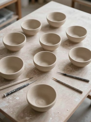 Overhead study of a ceramics studio worktable, clay tools and half-formed bowls arranged naturally, north-facing daylight casting even soft shadows, no hands in frame — a workspace with visible history