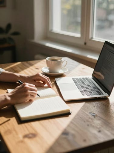 Wide environmental shot of a sunlit home workspace — a wooden desk near a north-facing window, coffee cup mid-session, notebook open, hands resting near a laptop keyboard, afternoon light casting long shadows across the surface, warm and unhurried