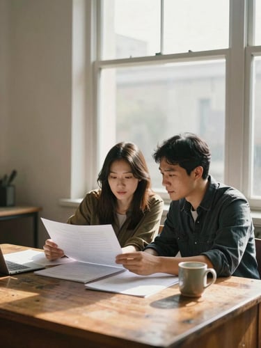 Environmental portrait, wide frame: a couple reviewing something together at a worn oak desk near a large north-facing window, afternoon light spilling across papers and a ceramic mug, warm and unhurried, candid — neither looking at camera