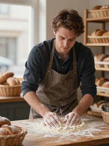 Environmental portrait of a family bakery, hands dusting flour onto a wooden counter under warm window light, baskets of bread in soft background focus, candid mid-work moment