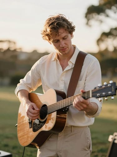 Acoustic musician Charlie McFarlane performing with guitar at a sun-drenched Brisbane wedding, warm golden-hour light, shallow depth of field, 35mm