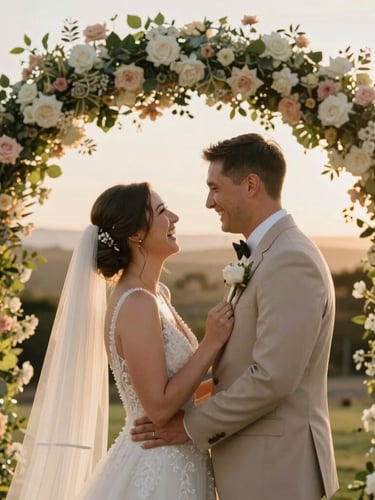 Candid shot of a newlywed couple laughing under a floral archway at a Gold Coast hinterland venue, warm sunset glow, emotional and authentic, 35mm