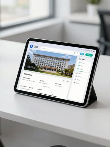 A clean, modern office desk with a tablet displaying a municipal dashboard, bright natural daylight, professional public administration environment