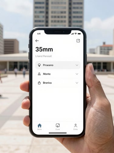 Crisp modern smartphone showing a clean municipal app interface, held by a citizen in a bright, sunlit Brazilian public plaza, modern city hall in the background, sharp focus, 35mm