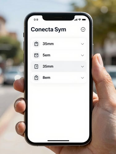 High-fidelity mobile app mockup showing clean Portuguese interface of Conecta Sym municipal app, bright natural daylight, sharp focus, 35mm