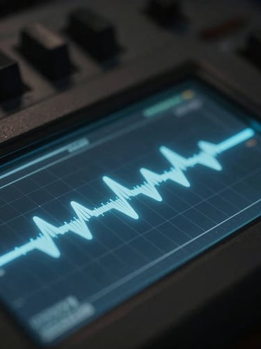 Extreme macro close-up of a vintage analog synthesizer's oscillating waveform on a screen, subtle blue backlighting, shallow depth of field, dark and technical mood