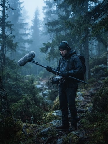 Wide-angle cinematic shot of a field recordist in a rugged, misty Scandinavian forest, holding a shotgun microphone with a windjammer, cold blue backlighting, soft atmospheric haze, shallow depth of field.