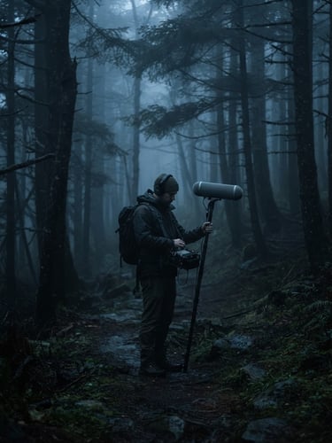 Extreme wide shot of a field recordist in a desolate, misty forest at dawn, holding a high-end microphone, cool blue and charcoal tones, anamorphic lens, heavy shadows, shallow depth of field, cinematic.
