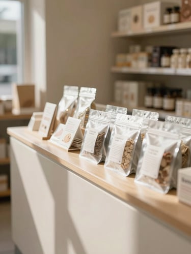 Warm editorial photography of a clean, sunlit retail counter at Store No. 1405, showing packaged products with clear labeling, soft daylight, 35mm.