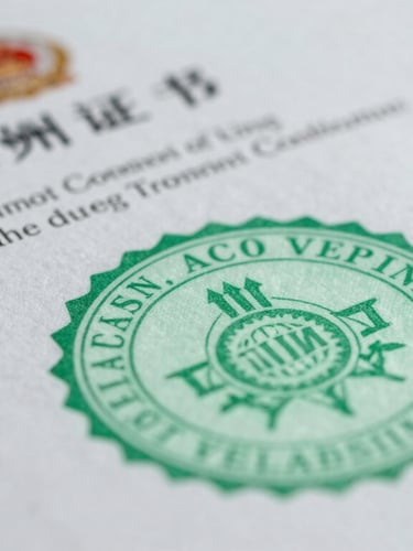Close-up of organized official certificates and documents with a clean mint green stamp, professional lighting, shallow depth of field.