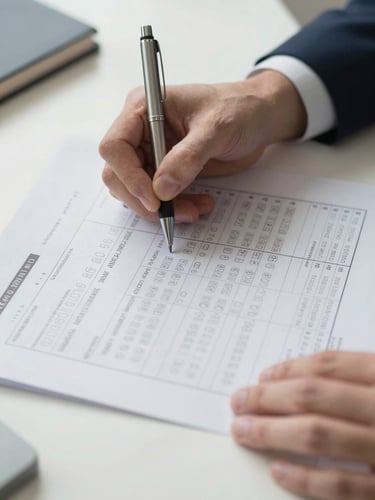 Professional hand holding a pen over structured administrative forms on a clean desk, soft natural daylight, sharp focus on the document.
