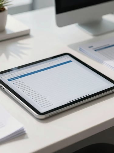 Clean, modern office workspace with a tablet displaying a document tracking interface, bright natural daylight, sharp focus on structured papers, no people.