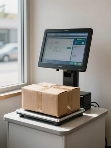 Wide interior shot of a self-service shipping kiosk station against a light wall, daylight streaming through a window to the left, touchscreen display glowing mid-transaction, a cardboard package resting on the scale platform, functional and clean