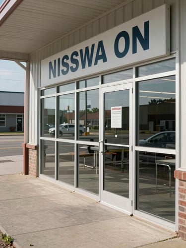 Wide shot from the left side of a small-town shipping center storefront in Nisswa MN, glass entry door and signage visible, natural daylight, clean exterior, functional and transparent feel, slight asymmetric framing with open sidewalk space on the left