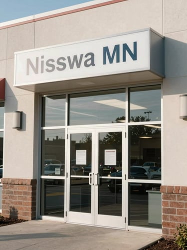Close exterior angle of a shipping center entry in Nisswa MN at midday, kiosk visible through the glass door, clean signage, natural daylight casting soft shadows on the facade, functional and clear, no people
