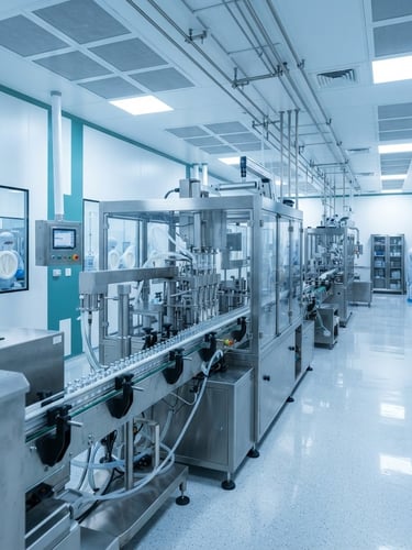 Wide environmental shot of a sterile pharmaceutical cleanroom in Dubai, automated stainless steel filling lines under high-key clinical white lighting, cool blue undertones, sharp 50mm focus.