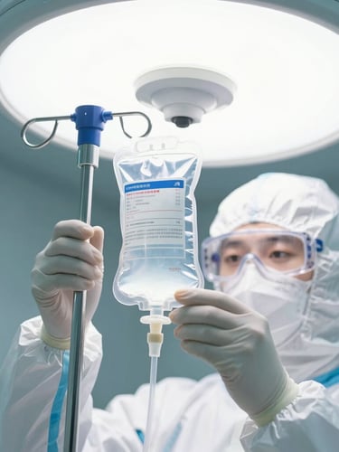 A scientist in full cleanroom PPE inspecting a sealed sterile IV bag under bright clinical white light, sharp macro focus, 50mm.