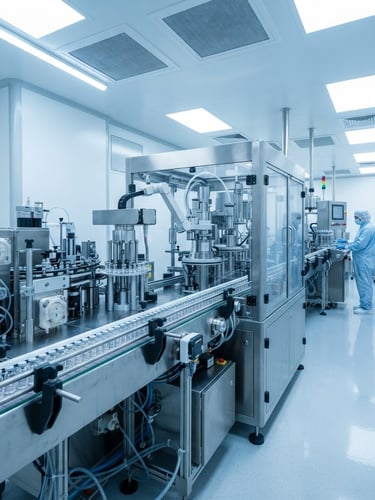 Crisp wide environmental shot of an automated sterile filling line in a bright ISO Class 5 cleanroom, stainless steel machinery, cool blue undertones, 50mm.