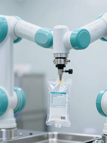 Close-up of a high-precision robotic arm sealing sterile IV bags, bright clinical lighting with teal accents, stainless steel surfaces, sharp focus.