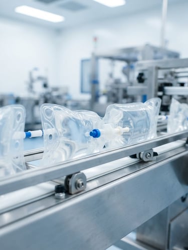 Crisp macro shot of sealed sterile IV bags on an automated conveyor line, bright clinical high-key white light with cool blue undertones, 50mm