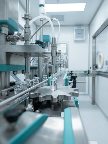 Clinical pharmaceutical photography, bright high-key cleanroom light, sterile white and teal tones, sharp macro focus of automated sterile filling line, 50mm