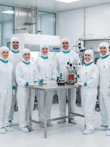 A professional group portrait of pharmaceutical scientists in cleanroom uniforms, bright high-key clinical light, sterile white and blue tones, sharp focus, 50mm