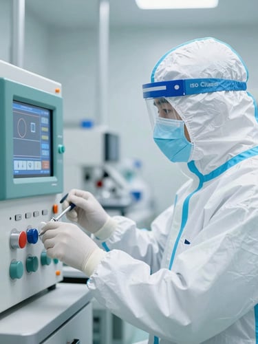 A pharmaceutical scientist in full sterile PPE operating a digital control panel inside an ISO Class 5 cleanroom, bright clinical lighting, precise teal accents, sharp focus.