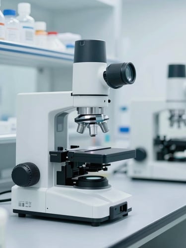 Clinical pharmaceutical laboratory, bright high-key cleanroom light, sterile white and teal tones, stainless steel analytical equipment, sharp macro focus, 50mm